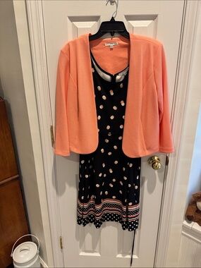 Polka Dot Midi Dress with Coral Open-Front Jacket